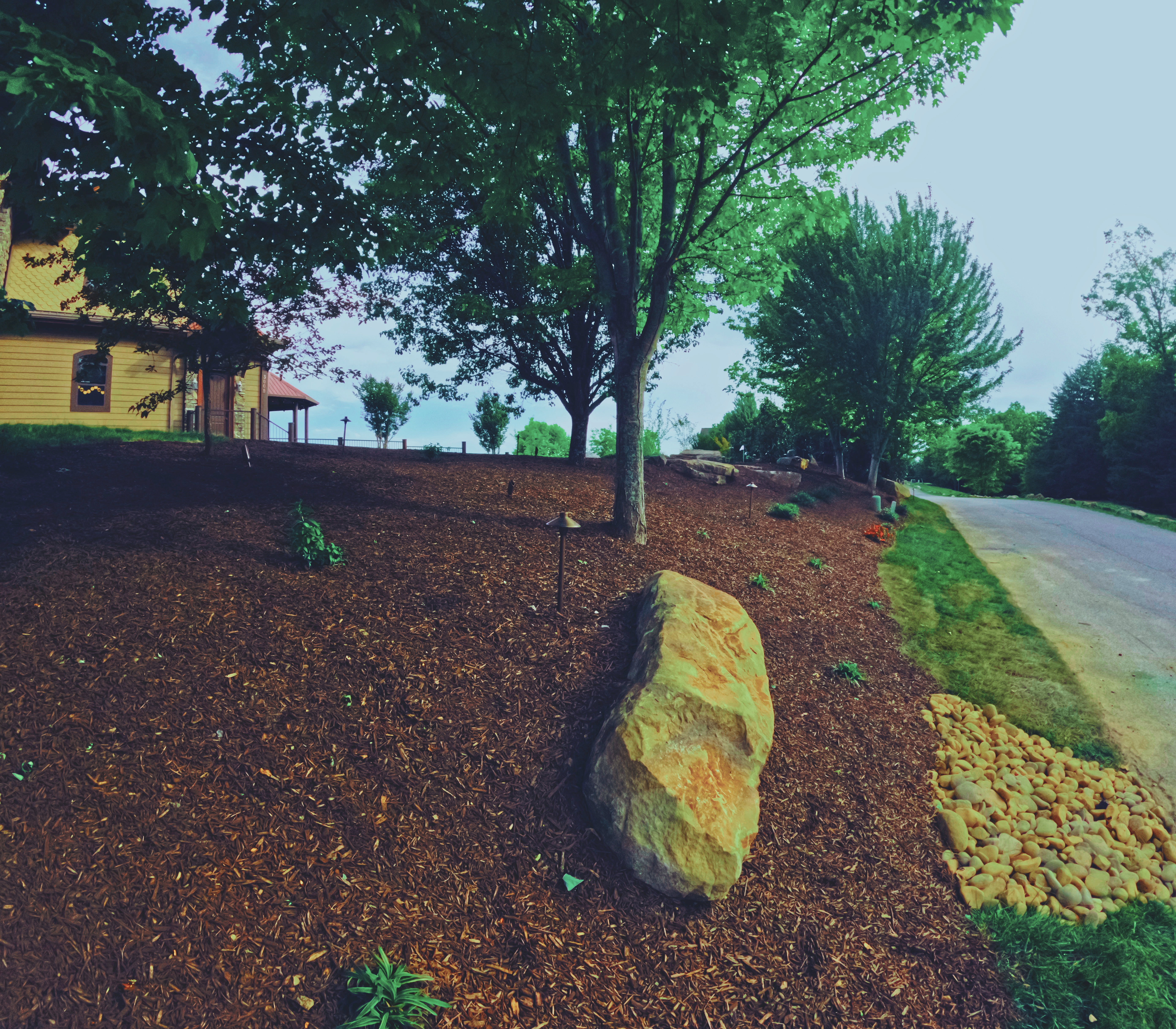 Planted landscape bed with boulder placement and finished drainage detail.